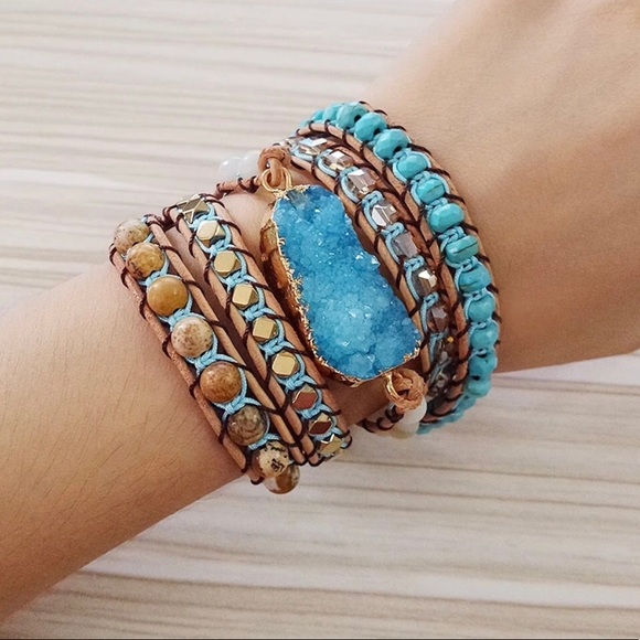 SOLD!! NEW, Druzy and Stones Leather Wrap Bracelet - Picture 2 of 7